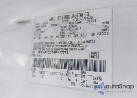 2008 Ford Ranger Xl/Xlt из США, поврежденный, VIN 1FTYR10D78PA17771